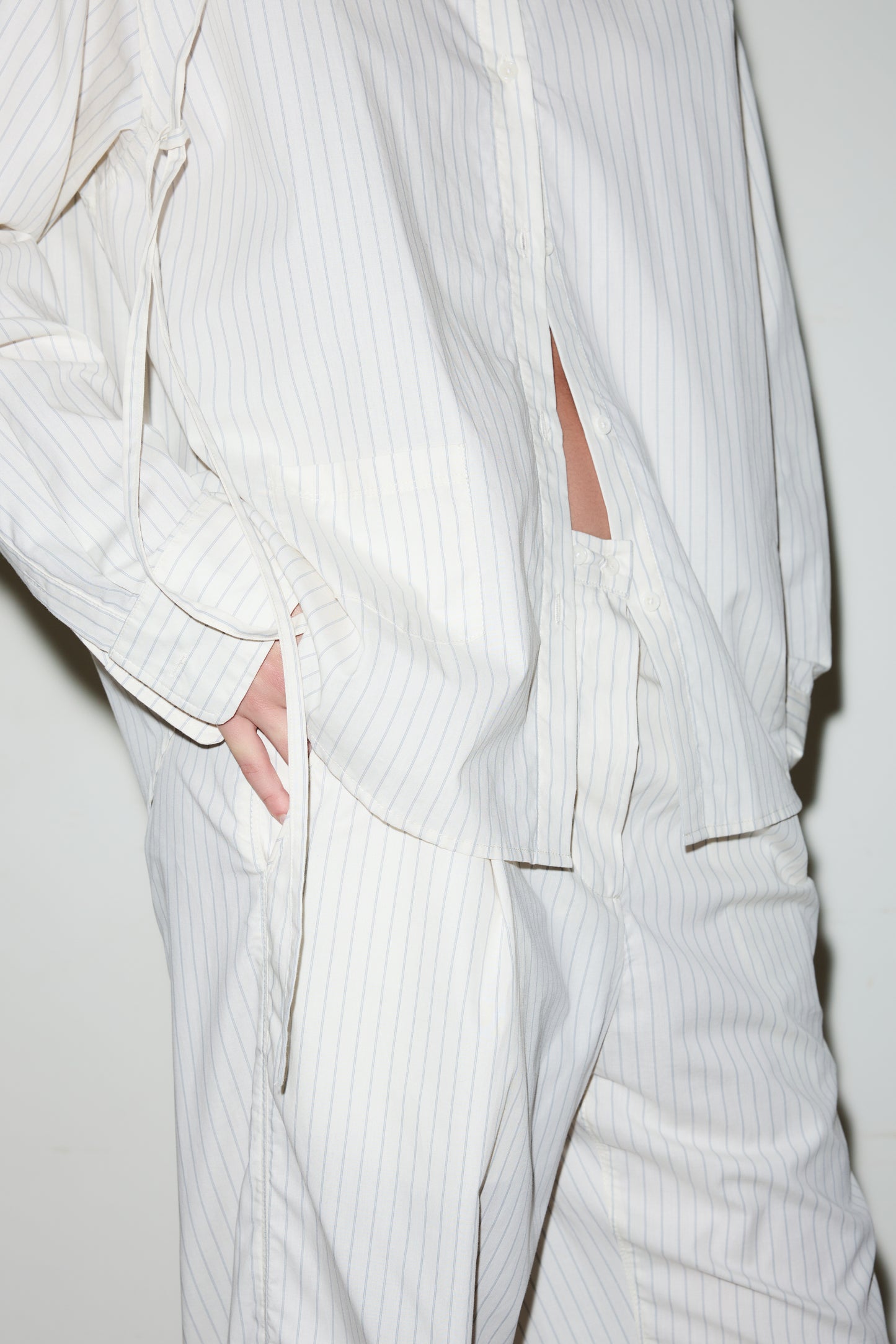 Lapel BOW Shirt - Pinstripe Cream